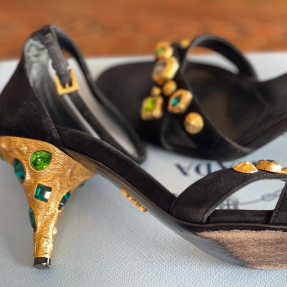 PRADA Black Suede Ankle Strap Sandals Metal Sculptural Gold Heel with Emeralds - Picture 3 of 16
